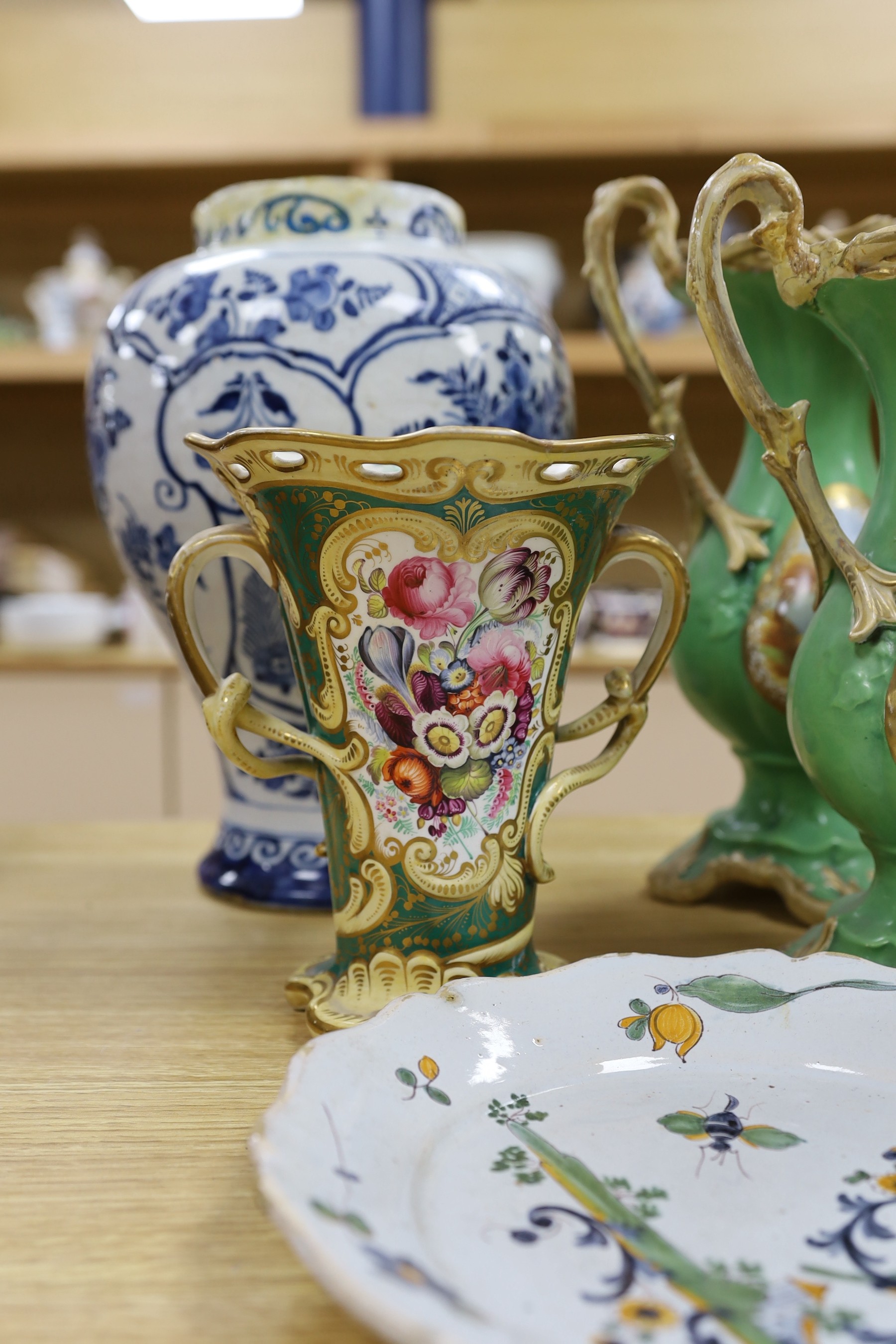 A quantity of earthenware to include Delft, tin glazed pottery, etc. and porcelain vases